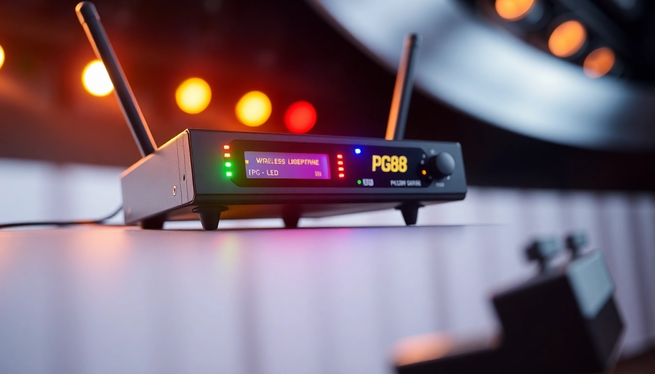 High-resolution image of PG88 wireless microphone receiver with LED signal indicators, showcasing its design and professional use environment.