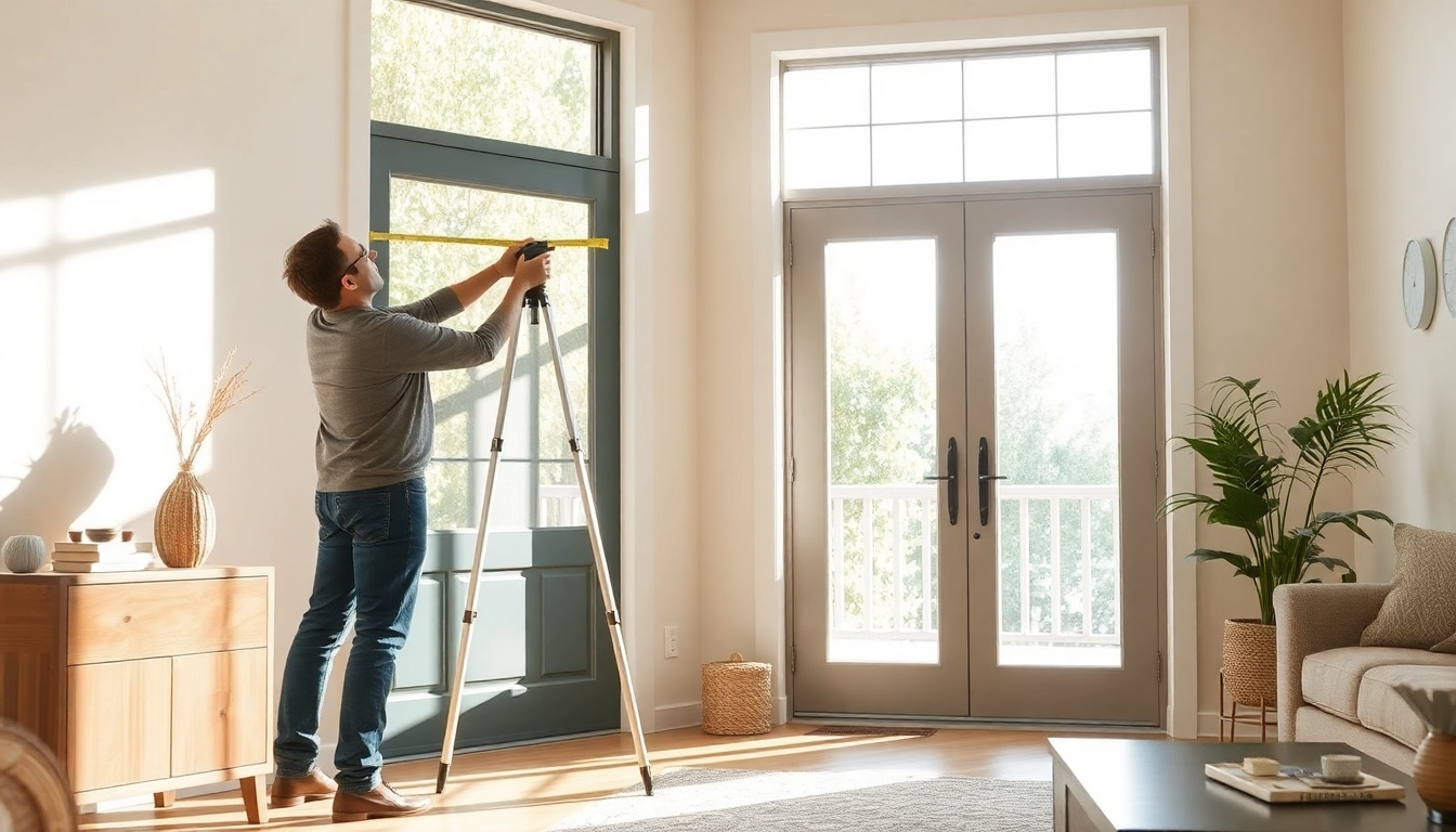 Technician performs window and door replacement measurements in a bright, energy-efficient home.