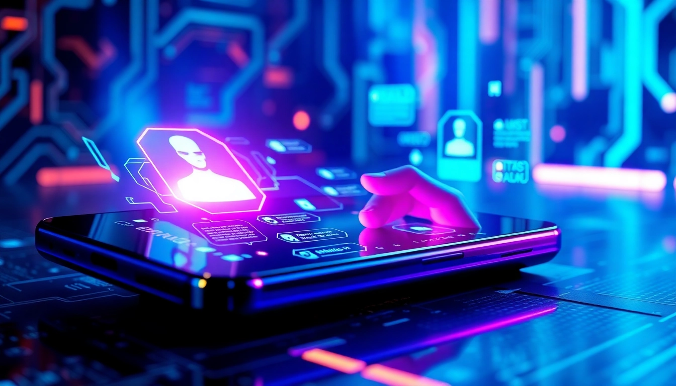 A futuristic digital interface of an AI chatbot on a sleek device with glowing holographic elements, set in a high-tech environment.