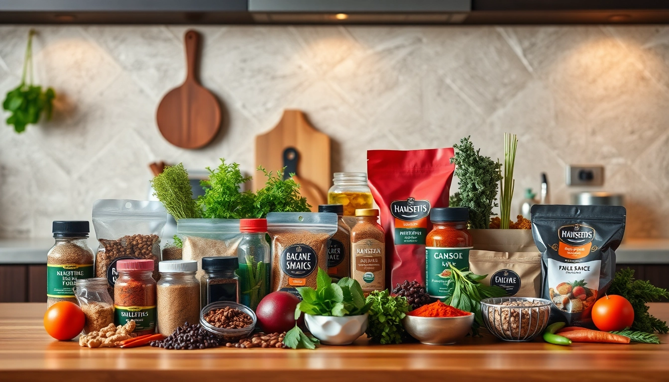 Suppliers showcasing high-quality spices and processed foods in a professional kitchen setting